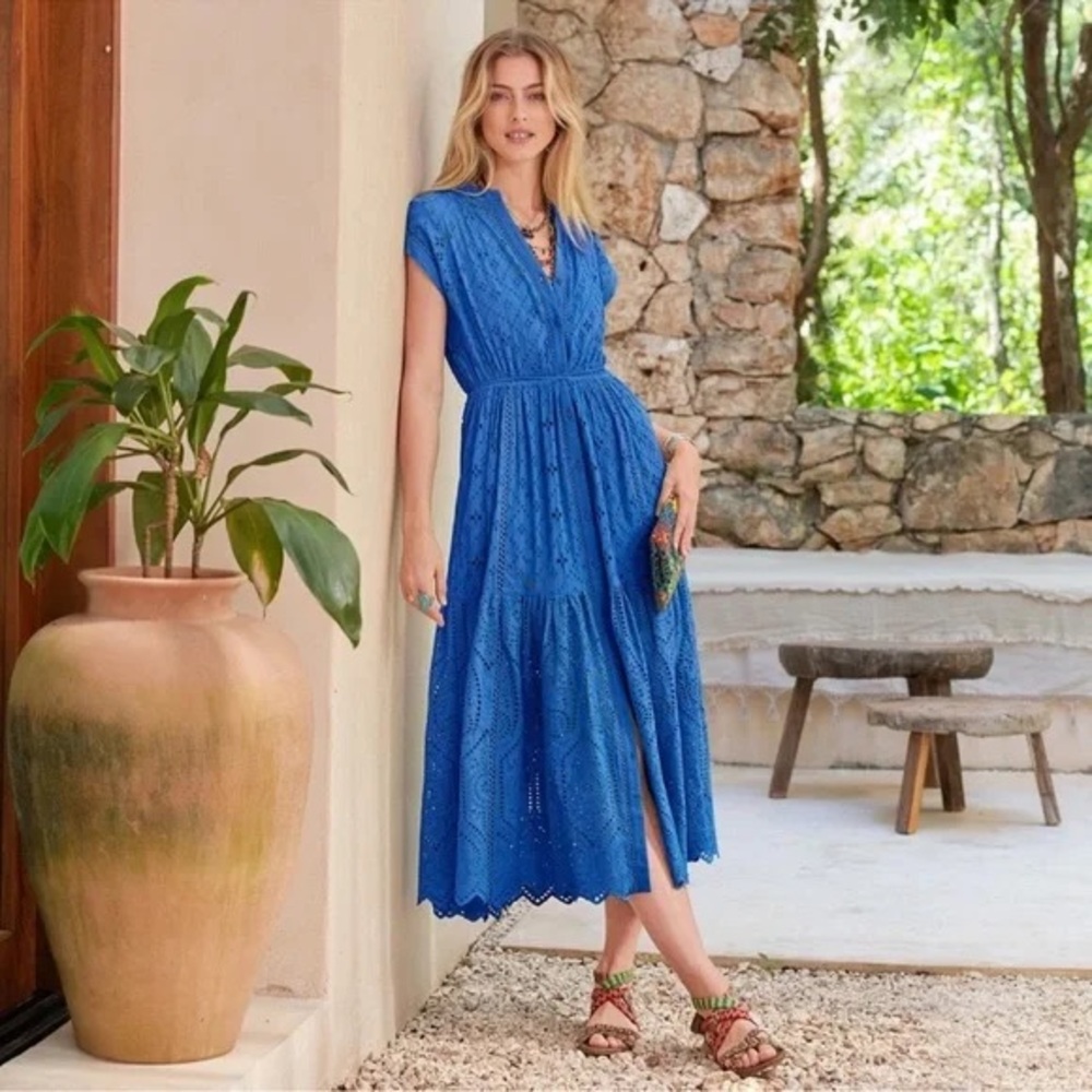 Sundance Women's Brea Eyelet Maxi Dress, Royal Blue, Petite Large, NWT